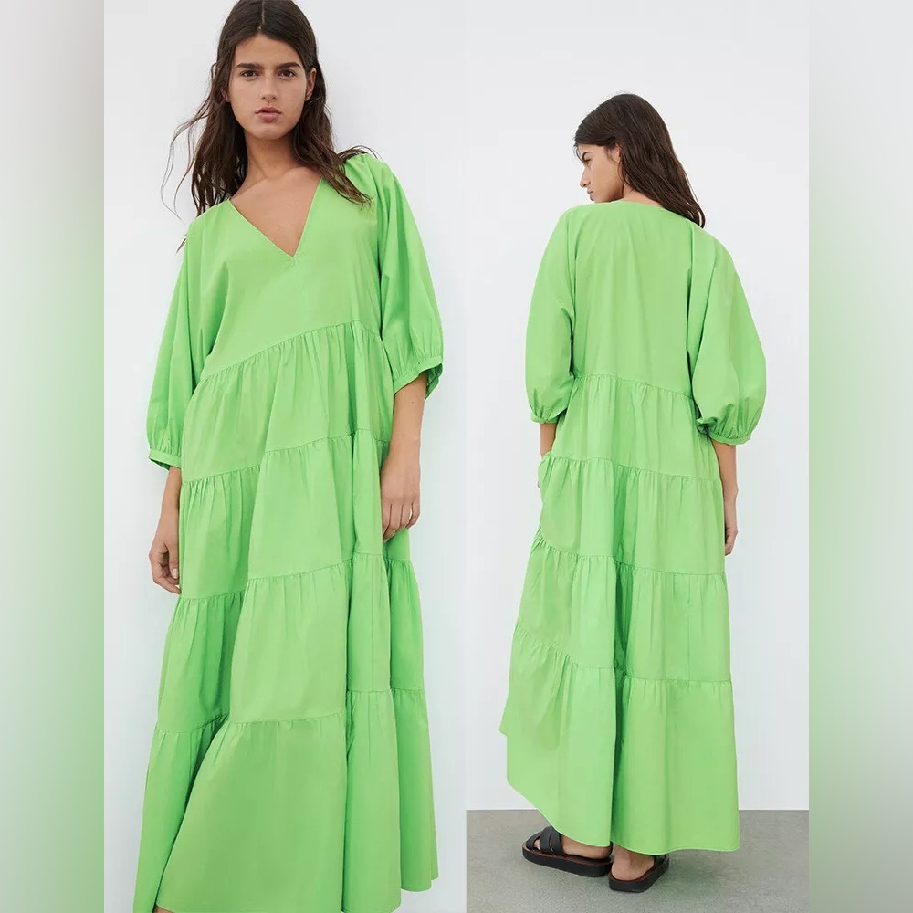Zara Lime Green Tiered Maxi Dress Size XL